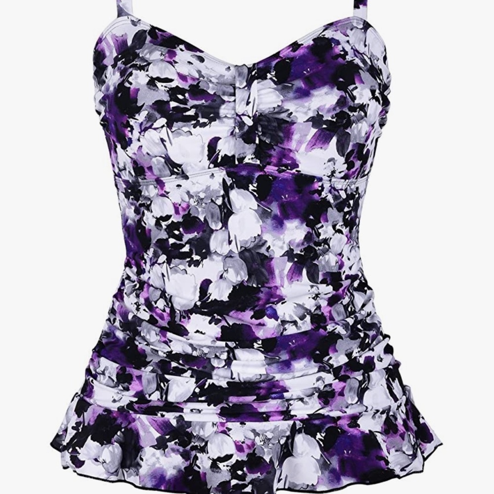 Hilor Women's 50's Retro Ruched Tankini Swimsuit Top with Ruffle Hem. Size 8